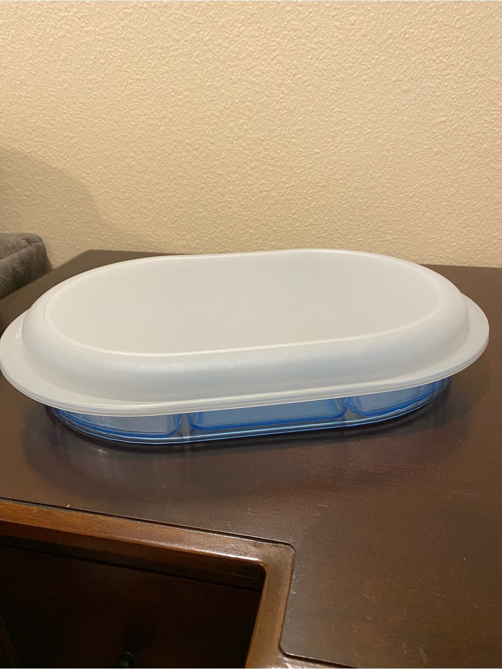 VTG Tupperware Blue PRELUDIO Watercolor Serving Oval Divided Serving Tray w/Lid - Picture 8 of 14